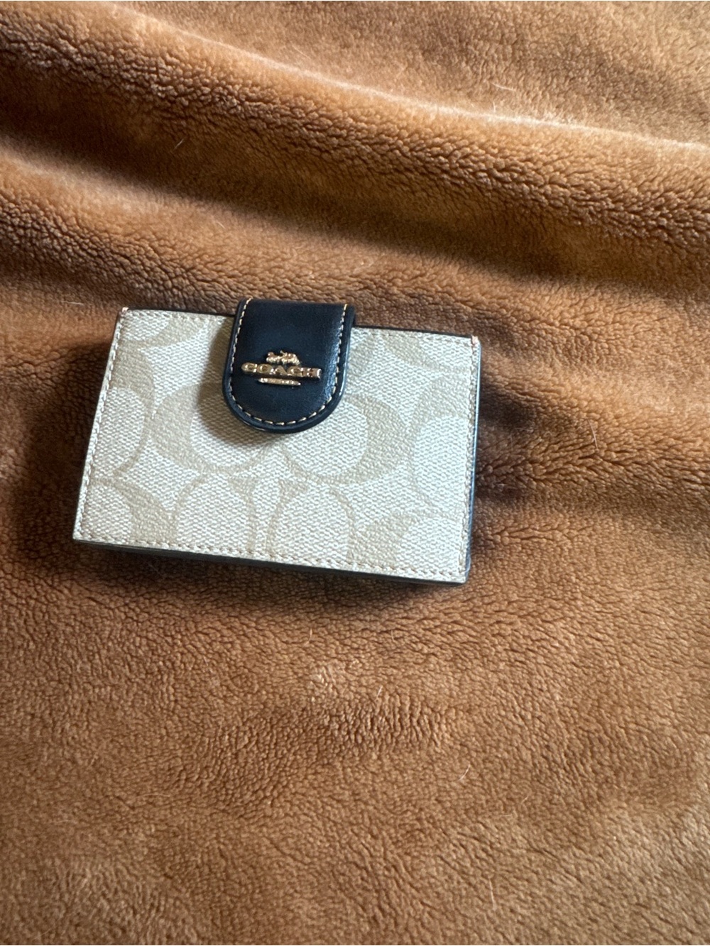 Coach Signature Card Holder in Beige and Black with Gold Logo